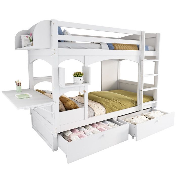 Lit superposé enfant 90×200 cm blanc – Bureau et étagères intégrés–Tiroirs et rangements – Sommier à lattes bois–Matelas non inclus