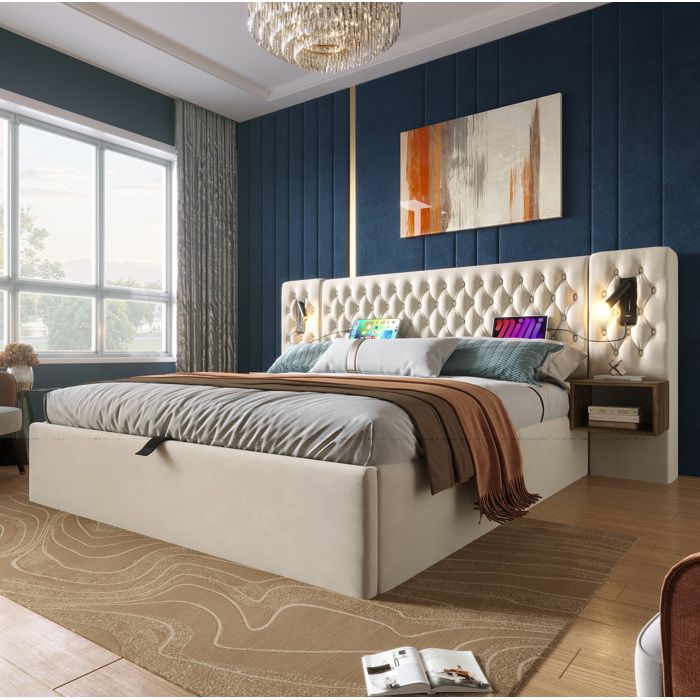 Lit coffre hydraulique 180 x 200 cm avec 2 chevets liseuses USB et USB-C velours beige sans matelas