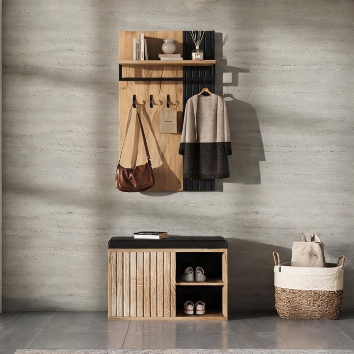 Banc à chaussures 2 portes avec patères panneau de particules finition noire et naturelle 70 x 36 cm