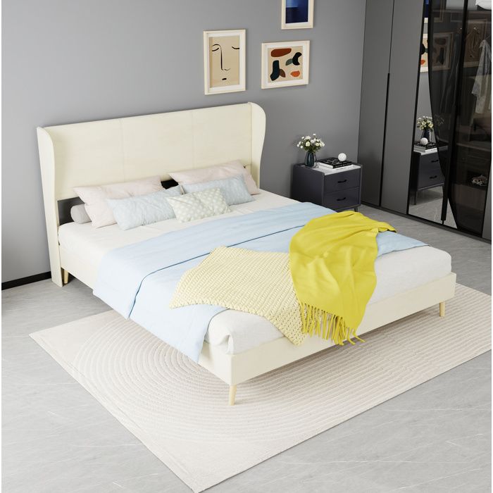 WOVREO lit rembourré 160 x 200 cm beige avec sommier à lattes tête de lit haute sans coffre