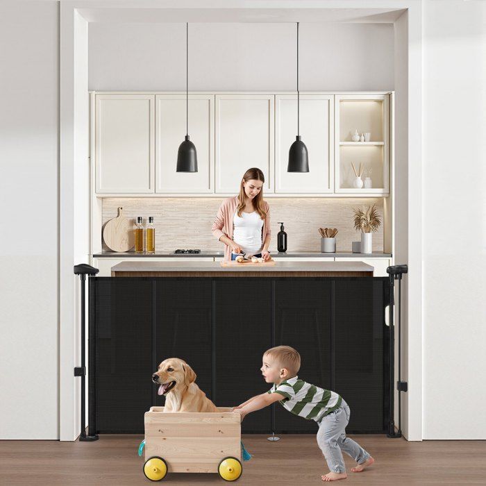 Barrière sécurité extensible 140cm hauteur 87cm rétractable maille pour chiens enfants couloir escalier porte - Noir