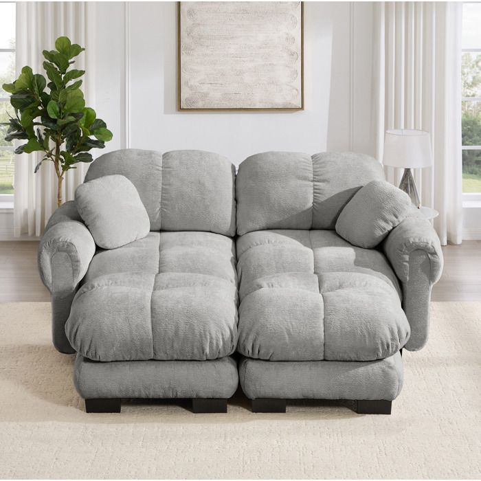 MEUBLIV Canape modulable 2 places en chenille gris clair avec ottomane mobile et coussins epais