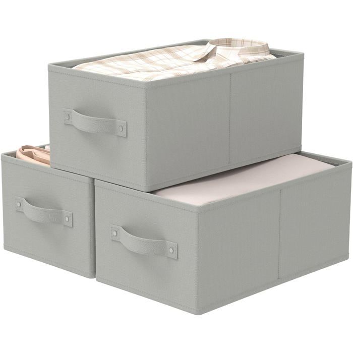 Lot de 3 boîtes de rangement pliables 47 x 28 x 20 cm - tissu non tissé gris - poignée renforcée