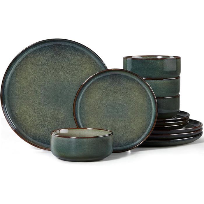 Service de table pour 4 personnes12 piècesen grèsémailge réactifavec assiettes ptesJonc de Mer Vert Foncé  ENSEMBLE USTENSILES