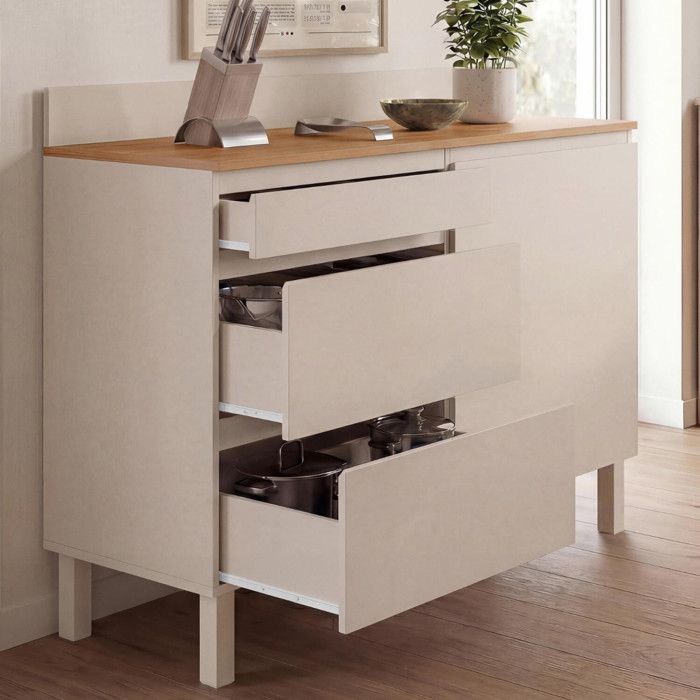 Buffet bas casserolier de cuisine 120 cm CLAUDE plan de travail effet bois H.83 cm 1 porte + 3 tiroirs beige Buffet bas casserolier de cuisine 120 cm CLAUDE plan de travail effet bois H.83 cm 1 porte + 3 tiroirs beige
