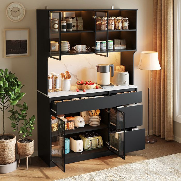 Buffet haut vitrine AESVAR noir et blanc 120 x 40 x 180 cm effet marbre avec LED intégrées en MDF