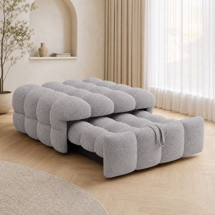 Lit combiné - ZEVKOR - Lit combiné 1 place - Bouclé gris - 183×76 cm - Pouf-lit extensible