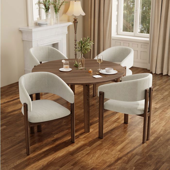 MEUBLIV Lot de 4 chaises de salle à manger en métal aspect bois noyer tissu lin beige avec accoudoirs