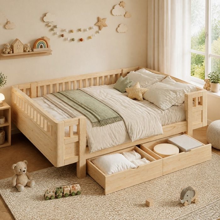Lit plateforme enfant 140x200 cm barrière de sécurité 2 tiroirs - HAVRYA - sans matelas bois naturel
