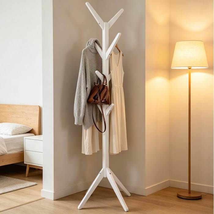 Meuble dEntrée Porte-Manteau sur Pied 8 Crochets en Bois - MODENVIE - Moderne Blanc 43×43×180 cm