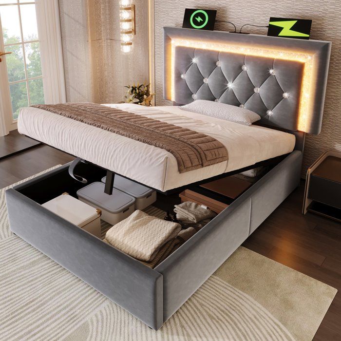 Lit coffre 90x200 cm en velours gris avec rangement hydraulique LED USB et Type-C sommier à lattes inclus