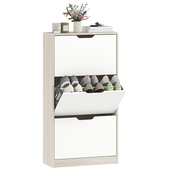 Meuble à chaussures - HOMCOM - 12 paires - 3 tiroirs rabattables - bois - 62 5x26x117 5cm - chêne et blanc Meuble à chaussures - HOMCOM - 12 paires - 3 tiroirs rabattables - bois - 62 5x26x117 5cm - chêne et blanc