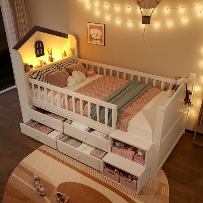 Lit cabane à mi-hauteur 90x200 cm blanc - 4 tiroirs - barre led - échelle de rangement - fenêtre - sans matelas