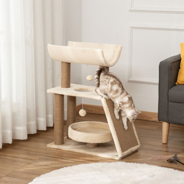 Arbre à chat 60×30×76cm brun clair design cosy chic griffoirs sisal plateformes lit jeu boule suspendue bois et peluche courte