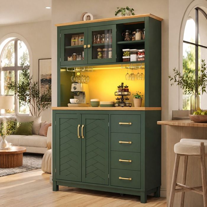 Buffet Haut Vert en MDF et Métal avec 4 Portes LED Intégrée et Système Anti-basculement pour Cuisine 1055×40×180 cm