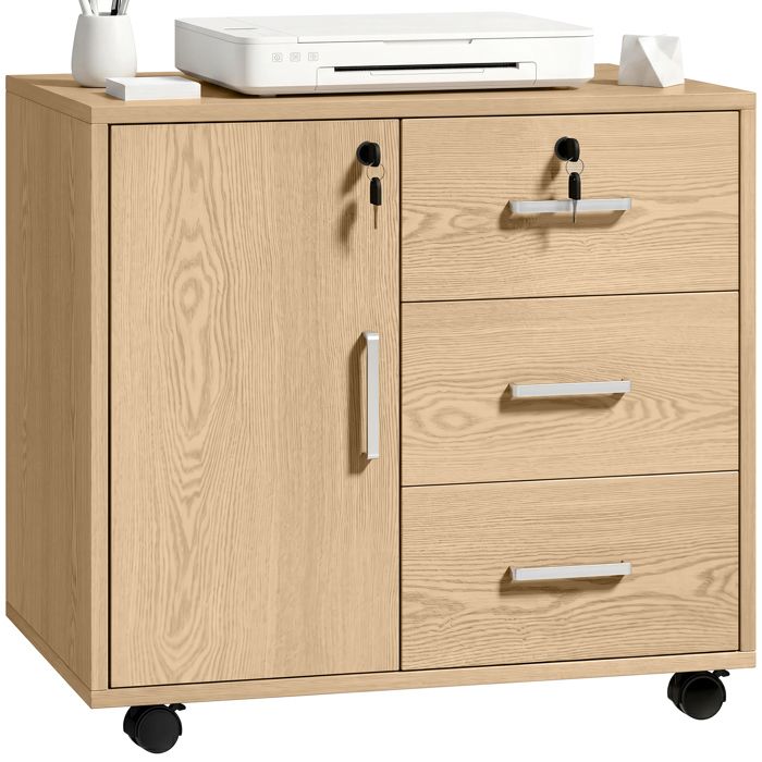 VVBV Caisson de Bureau Verrouillable Meuble Rangement 3 Tiroirs 1 Porte Étagère Réglable sur Roulettes 60x40x 40 x 60 x 56 cm 56 cm