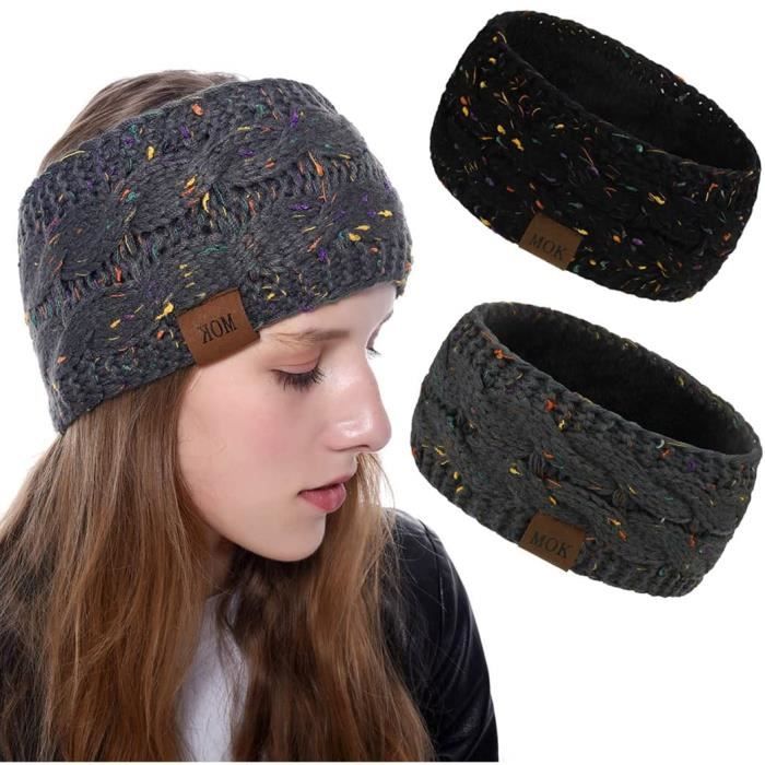 Lot De 2 Bandeaux D'Hiver Tressés - Tricot Élastique Chauffe-Oreilles - Noir Et Gris