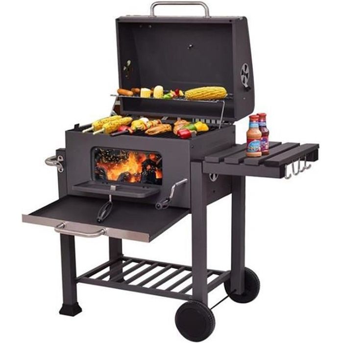 Barbecue à Charbon de Bois - QIAN - 3 EN 1 BBQ Grill - Grande grille 55x36cm - Thermomètre - Noir