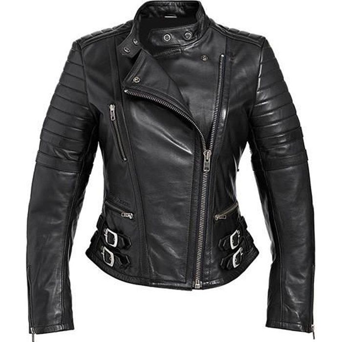 BLOUSON MOTO CUIR NOIR POUR FEMME TAILLE S