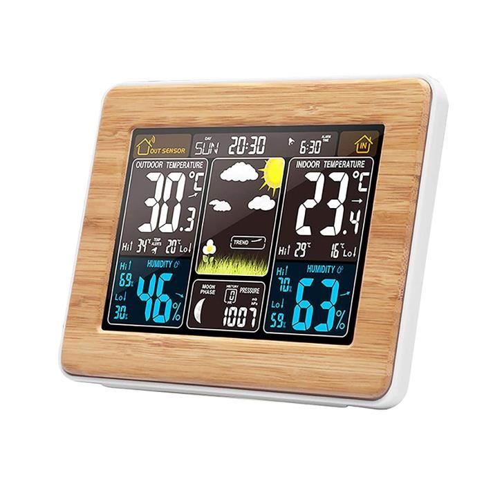 Station Météo Numérique En Bois - Thermomètre/hygromètre Intérieur/extérieur - Horloge Radio-pilotée - Cadre Chêne