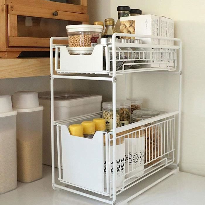 Étagère Coulissante Yorking Cuisine 2 Niveaux – 53x28 Cm, Bois Argenté, Résiste à La Rouille