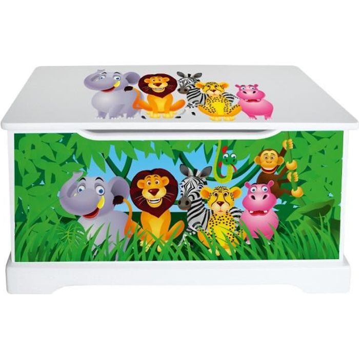 Coffre à jouets Animaux de la Jungle - Bois - 59 x 26 x 32cm - Enfant - Blanc et vert