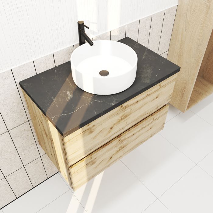 Meuble salle de bains 80cm Chêne Naturel 2 Tiroirs - Plan Effet Marbre Noir + Vasque Ronde Blanche Meuble salle de bains 80cm Chêne Naturel 2 Tiroirs - Plan Effet Marbre Noir + Vasque Ronde Blanche