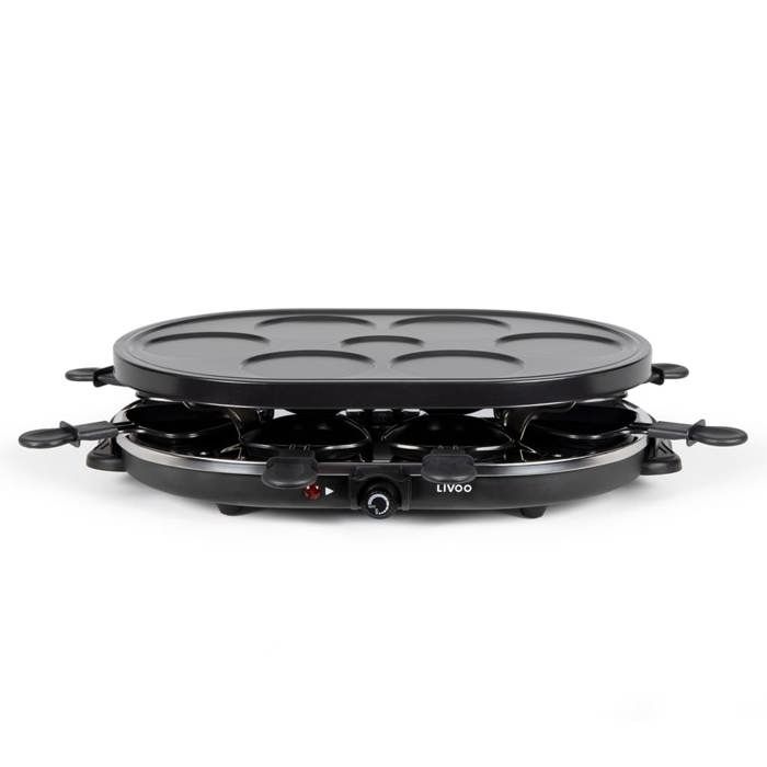 HKoeNIG RP418 - Appareil a Raclette 4 en 1 - 8 personnes - 6 mini crepes -  Grill - Température réglable - 1500W - Plaques amovibles