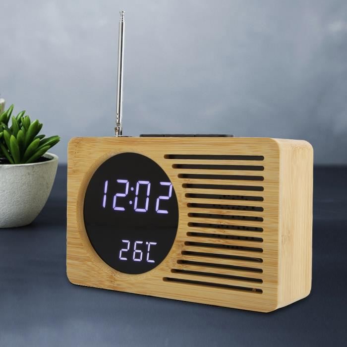 Réveil électronique numérique triangulaire en bois avec affichage LED de la température et de l'humidité, lumière blanche, bambou et bois. | Leroy Merlin