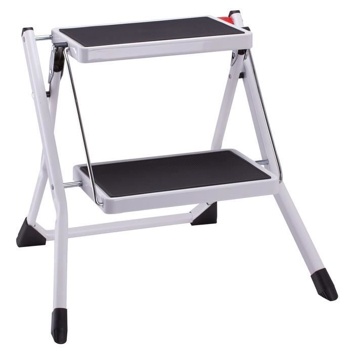 Marchepied à 2 Marches Pliable Escabeau Métallique Antidérapante Marche 30 x 20 cm Capacité 150 kg 50 x 49 x 45 cm Blanc