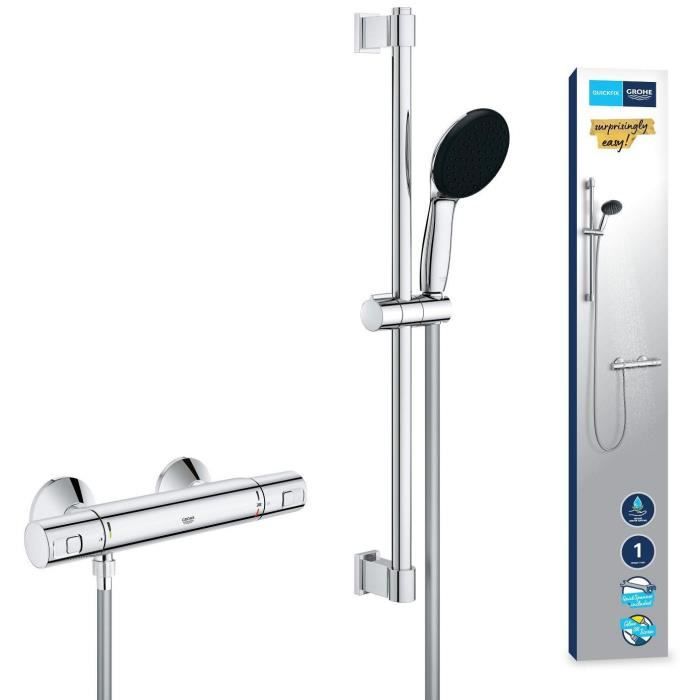 Ensemble de douche avec mitigeur thermostatique pommeau 1 jet barre 60cm et flexible - GROHE 34597001 - Economie deau - Chromé