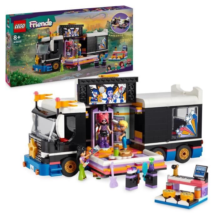 LEGO® 42619 Friends Le Tourbus de la Star de la Pop, Jouet Musical avec 4 Mini-Poupées, Cadeau pour 
