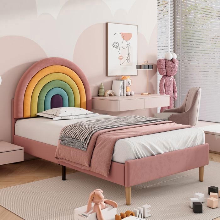 Lit Simple Capitonné 90x200cm avec Tête de Lit Arc-en-ciel Réglable pour Enfant en Velours Rose Sommier à Lattes inclus