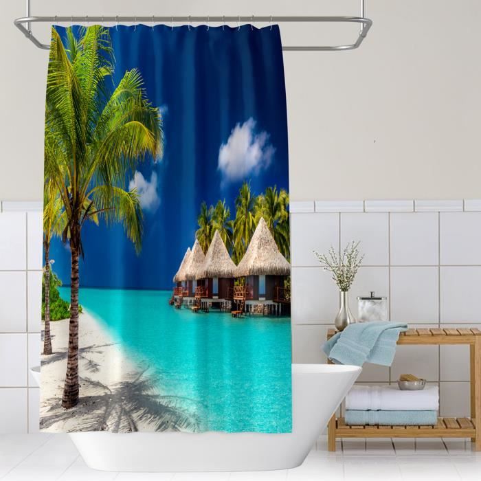 Rideau de douche Bon Voyage: soleil, plage, coquillages et étoiles de