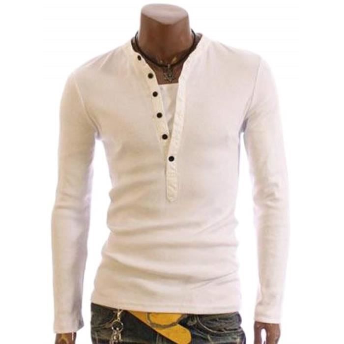 Tee Shirt Homme Manche Longue Marque Slim Fit C... blanc Cdiscount