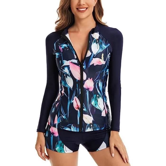Ensemble Maillot De Bain 2 Pièces Femme Rashguard - Haut Manches Longues Fermeture éclair, Short Taille Haute - Protection UV