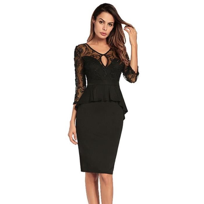 Robe De Soiree Mi Longue A Col Rond Avec A Volants Manches 3 4 Longues En Dentelle Noir Achat Vente Robe De