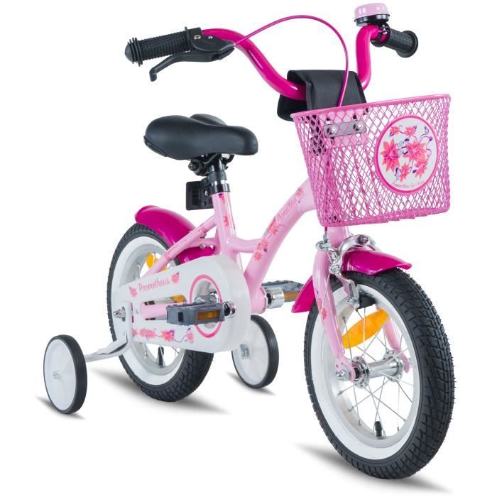 Prometheus Fille Velo 12 Pouces En Rose A Blanc Avec Petites Roues Frein A Tirage Et Frein Retropedalage A Partir De 3 Ans Prix Pas Cher Cdiscount