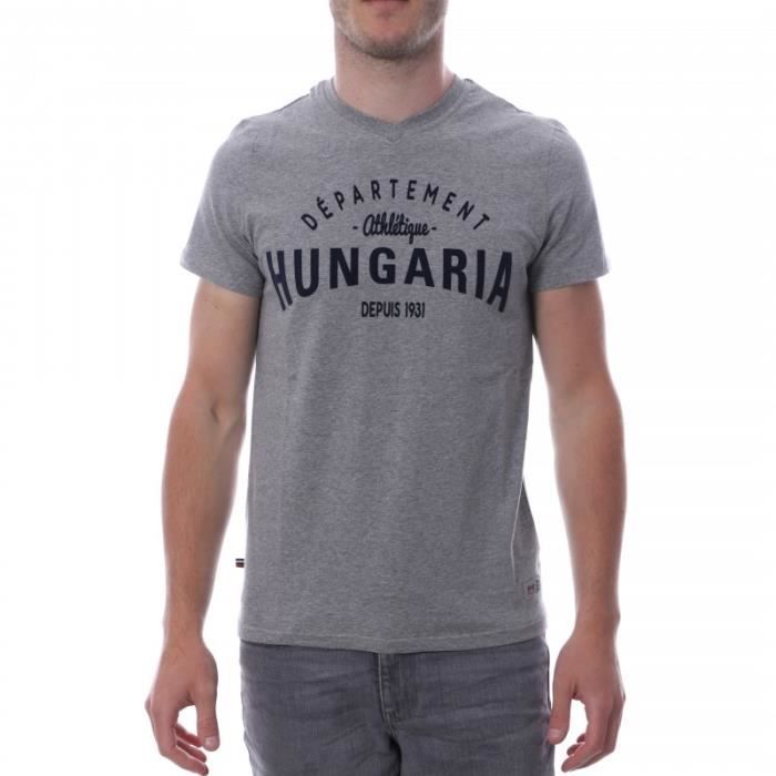 Tee Shirt Homme - Hungaria - Legend V Neck - Gris - Manches courtes - Logo Écritures Surpiquées Bleu marine
