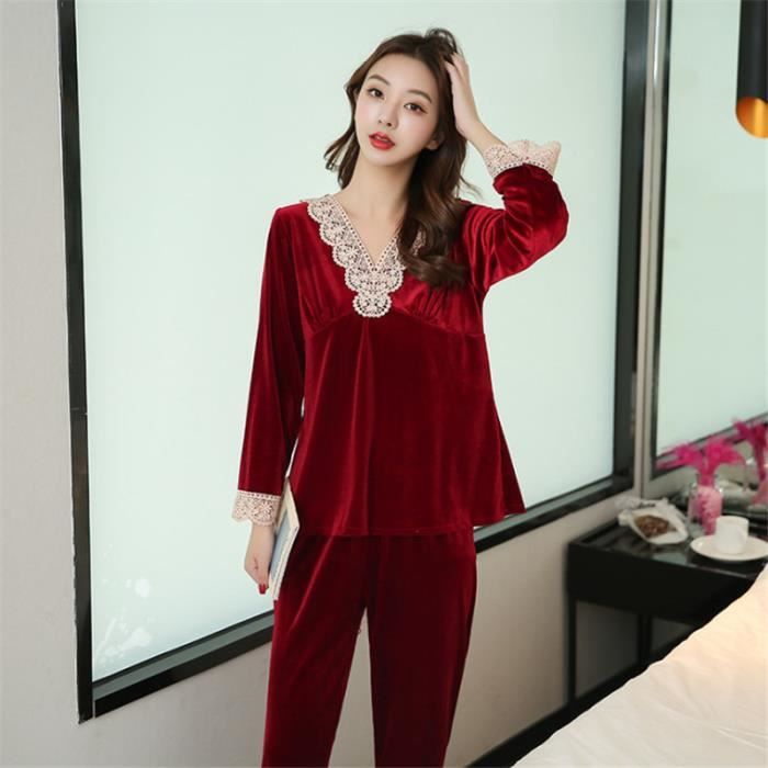 Pyjama manches longues pantalon imprimé femme - Imprimé Rouge en coton