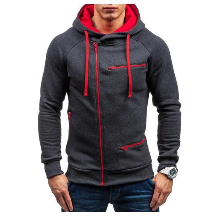 Sweat zippe a capuche homme Gris pull hiver gilet manches longues automne Veste sport Blouse multi poches Blouson Sweat uni en Gris Cdiscount Pret a Porter