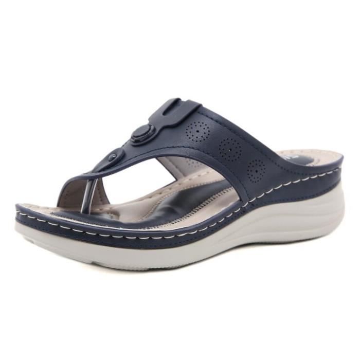 Sandales compensées femme Bleu ECELEN 2021 nouvelle mode tongs ligne de  voiture en PU artificiel