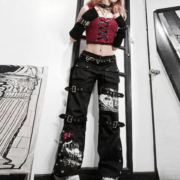 Pantalon Patchwork avec Punk Y2K pour Femme Streetwear Imprime Hippie Cargo Gothique Fermeture Eclair Hip Hop Annees 90 NOIR S Noir Cdiscount Pret a Porter