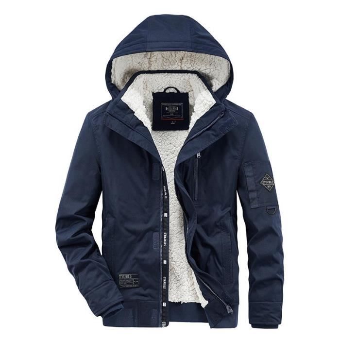 Veste Hiver Chaude Homme a Capuche Casual Zippee Epaisse Couleur Unie Bleu Cdiscount Pret a Porter