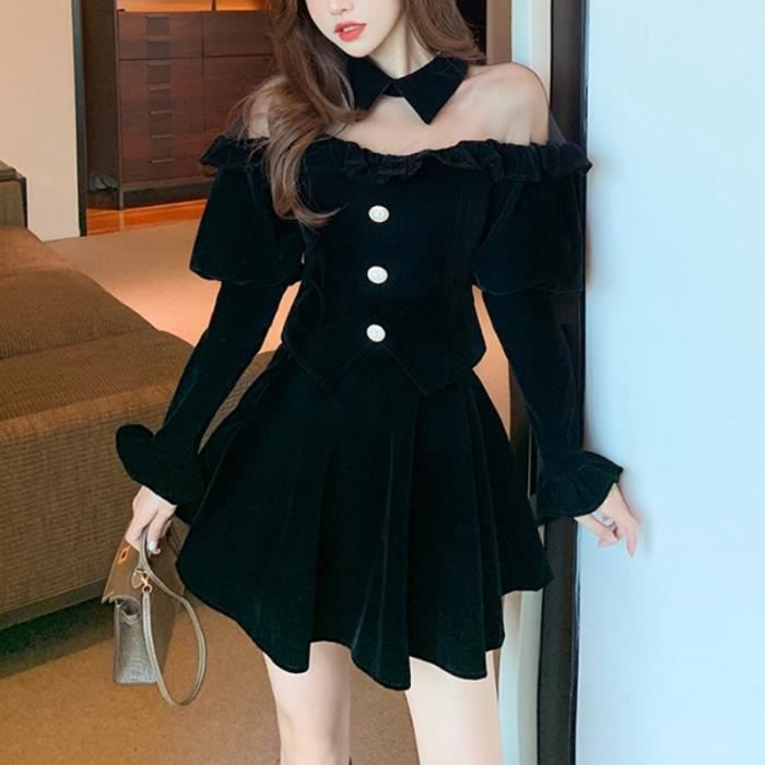 Robe Ensemble 2 pieces elegant coreen pour femmes printemps automne Sexy Chic a volants ajoure maille Black 2 Piece Sets Blanc Cdiscount Pret a Porter