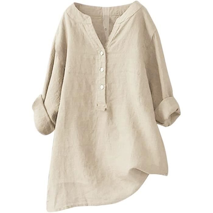 Blouse en Lin Femme Chic et Elegant Col en V Bouton Chemisier Manches Longues Casual Leger Couleur Unie Grande Taille Chemise Beige Cdiscount Pret a Porter