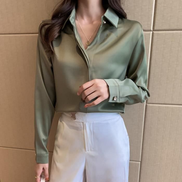Chemise 2023 printemps femmes chemises Satin Blouse pour femmes a manches longues chemise soie blanc chemise OL vert militaire Blanc Cdiscount Pret a Porter