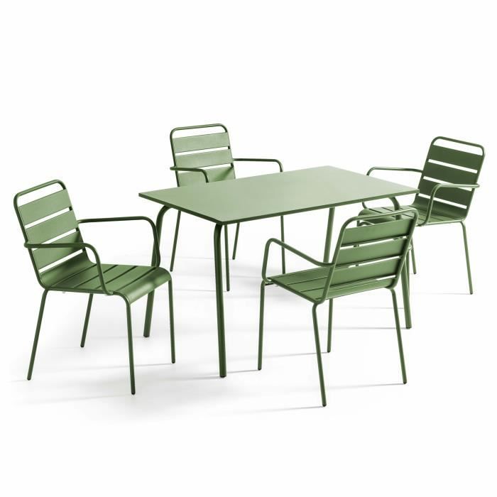 Ensemble table de jardin et 4 fauteuils - OVIALA - PALAVAS - Acier - Vert Cactus