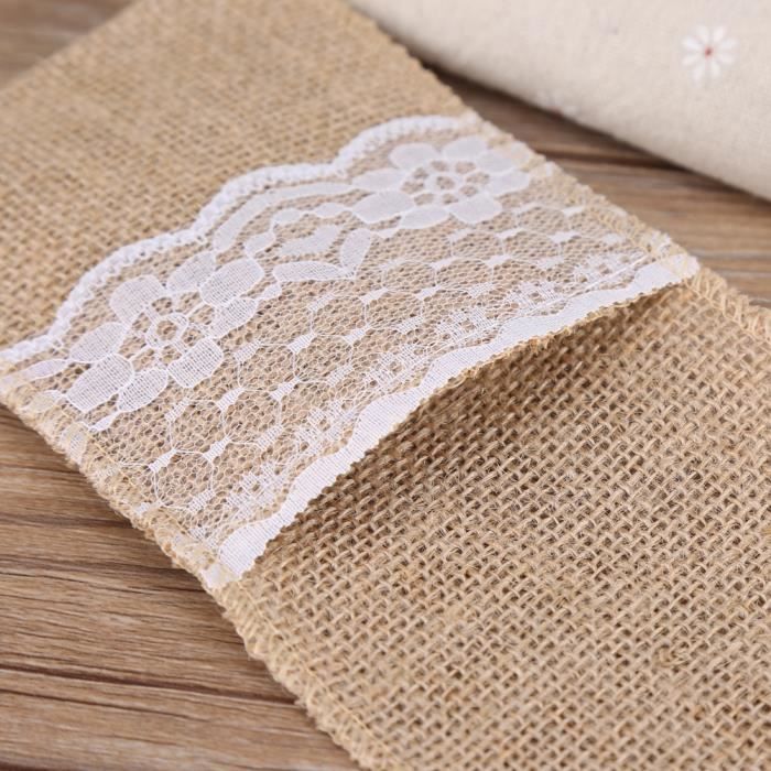 Pochettes à Couverts En Toile De Jute - Lot De 24 - Taille 21x10 Cm - Bord Dentelle - Pour Mariage, Fête, Décoration De Table