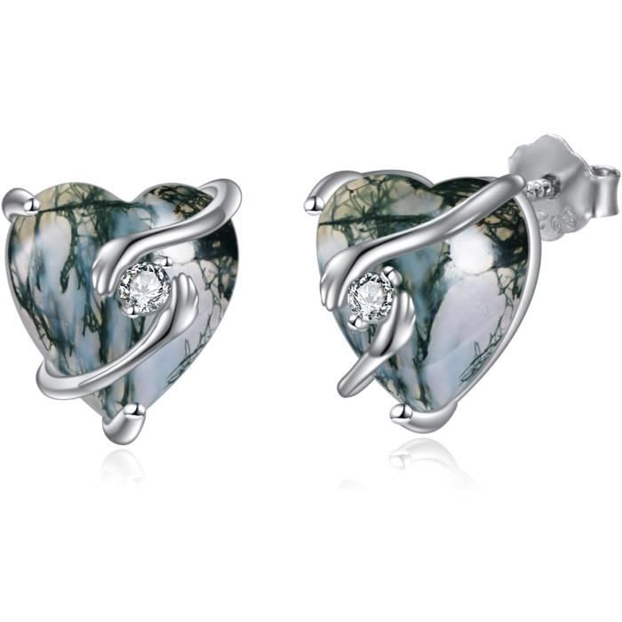 Boucles D'oreilles Cœur Asymétrique En Argent 925 - Modèle Acrylique Marbré - Bijou élégant Pour Femmes